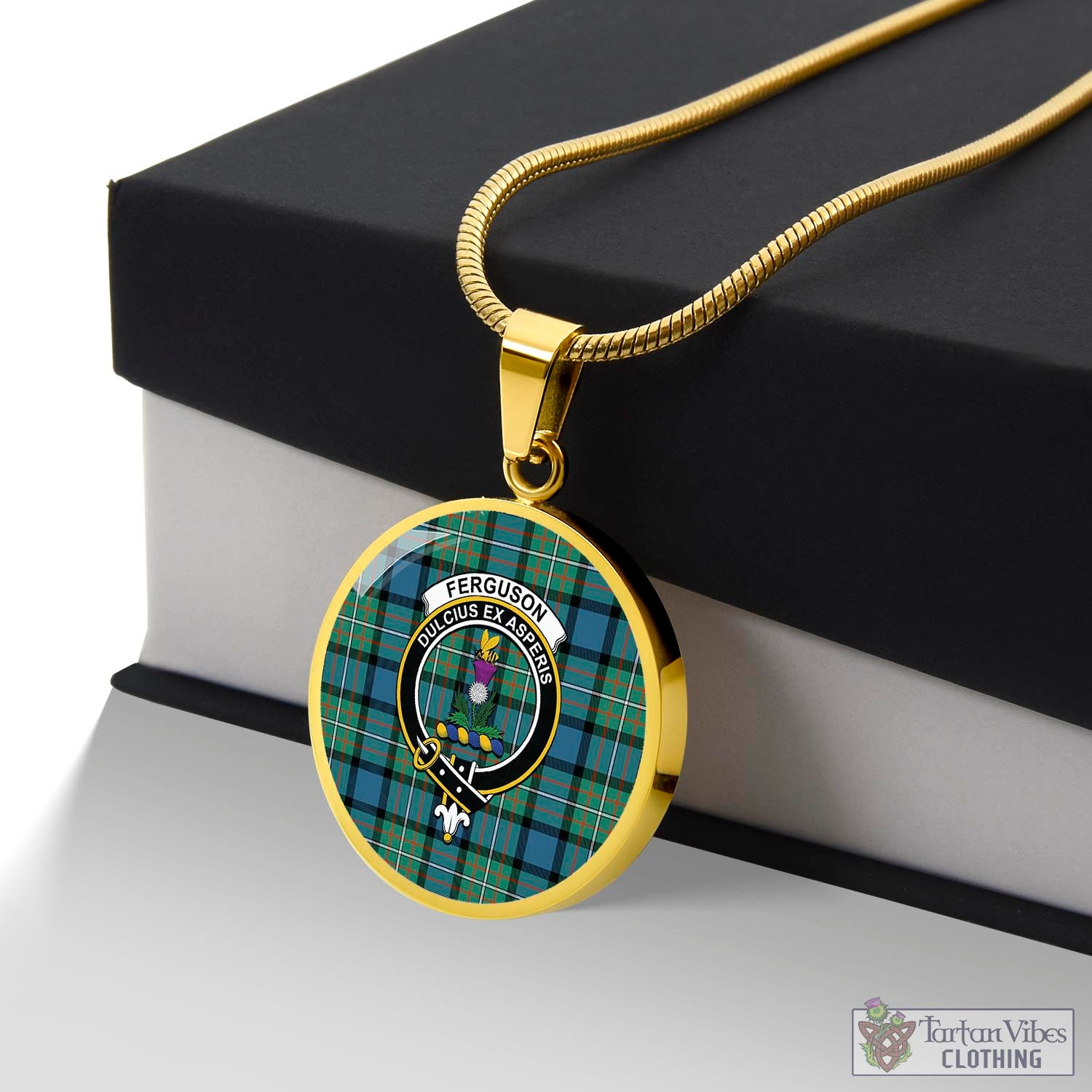 Tartan Vibes Clothing Ferguson Ancient Tartan Circle Necklace with Family Crest