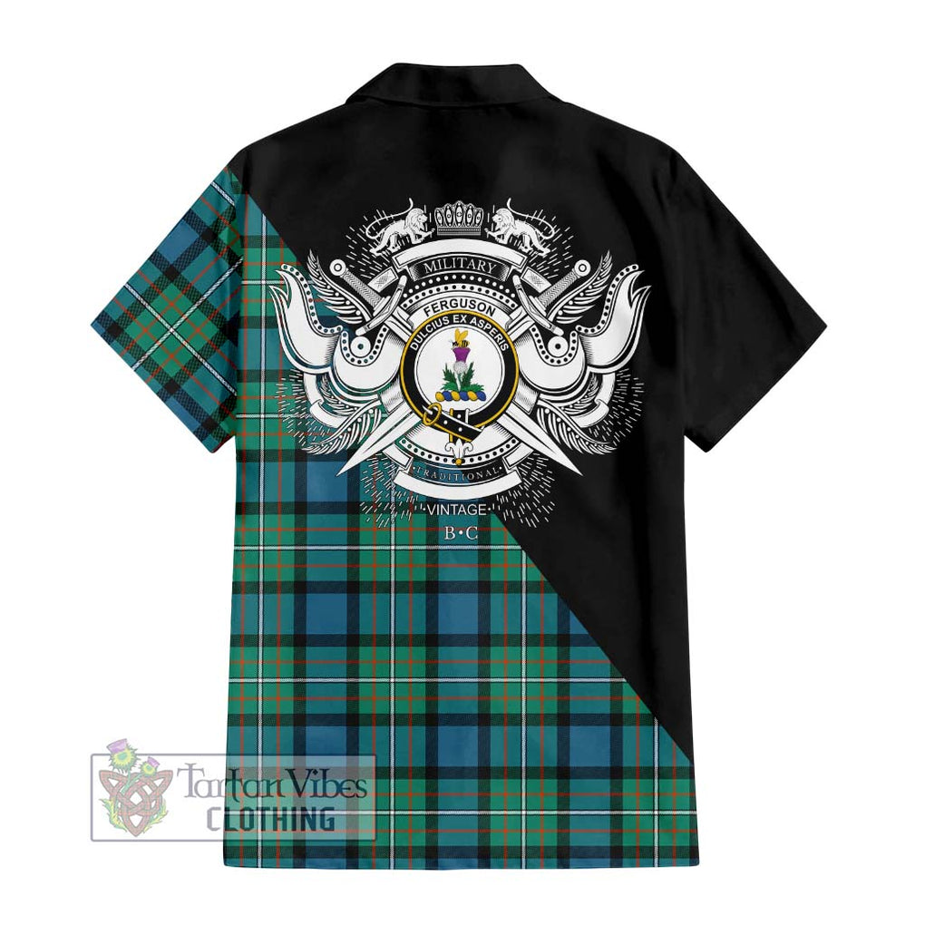 Ferguson (Fergusson) Tartan Short Sleeve Button Shirt with Family Crest and Military Logo Style - Tartanvibesclothing Shop