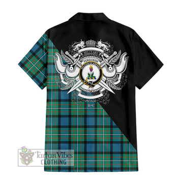 Ferguson (Fergusson) Tartan Short Sleeve Button Shirt with Family Crest and Military Logo Style