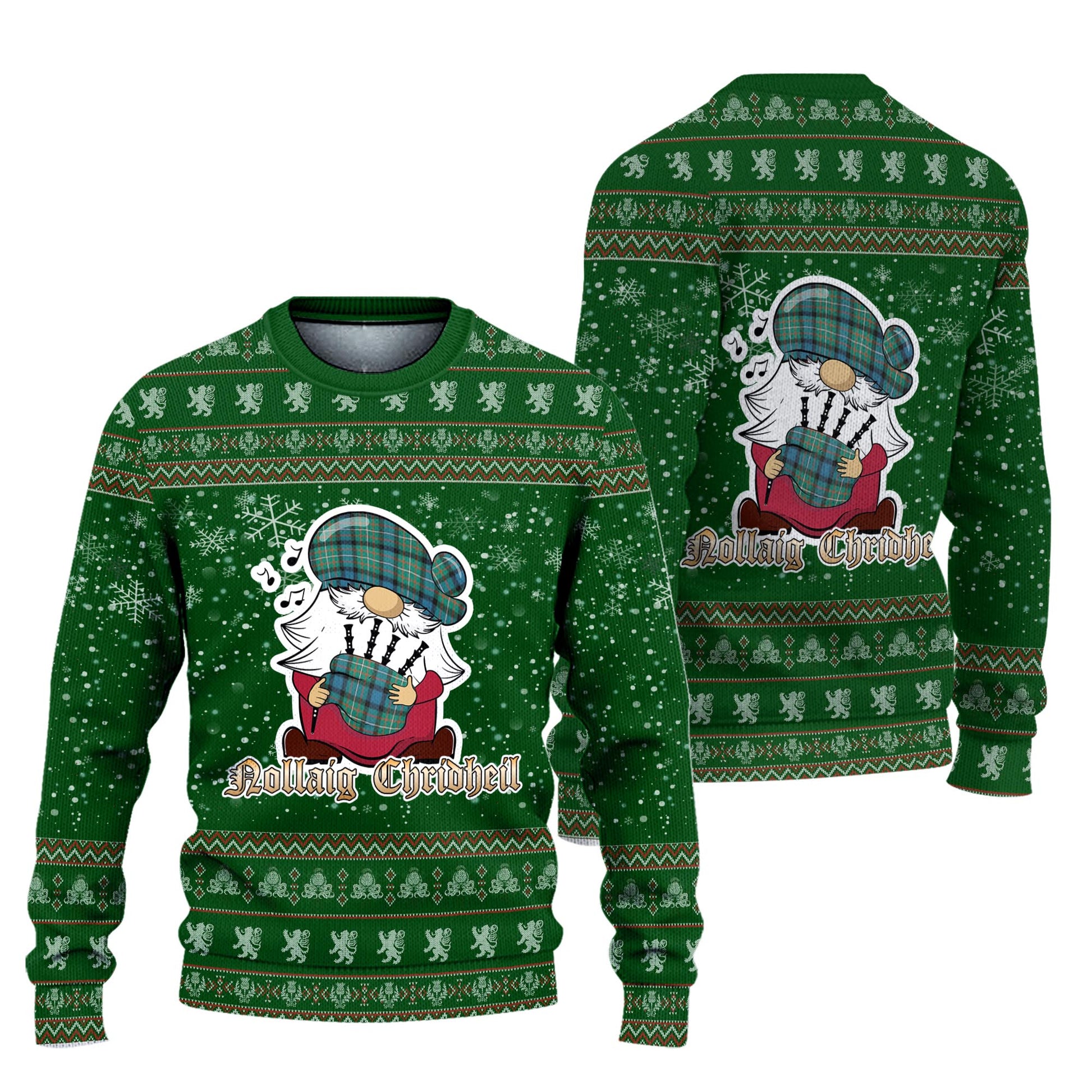 Ferguson Ancient Clan Christmas Family Knitted Sweater with Funny Gnome Playing Bagpipes Unisex Green - Tartanvibesclothing