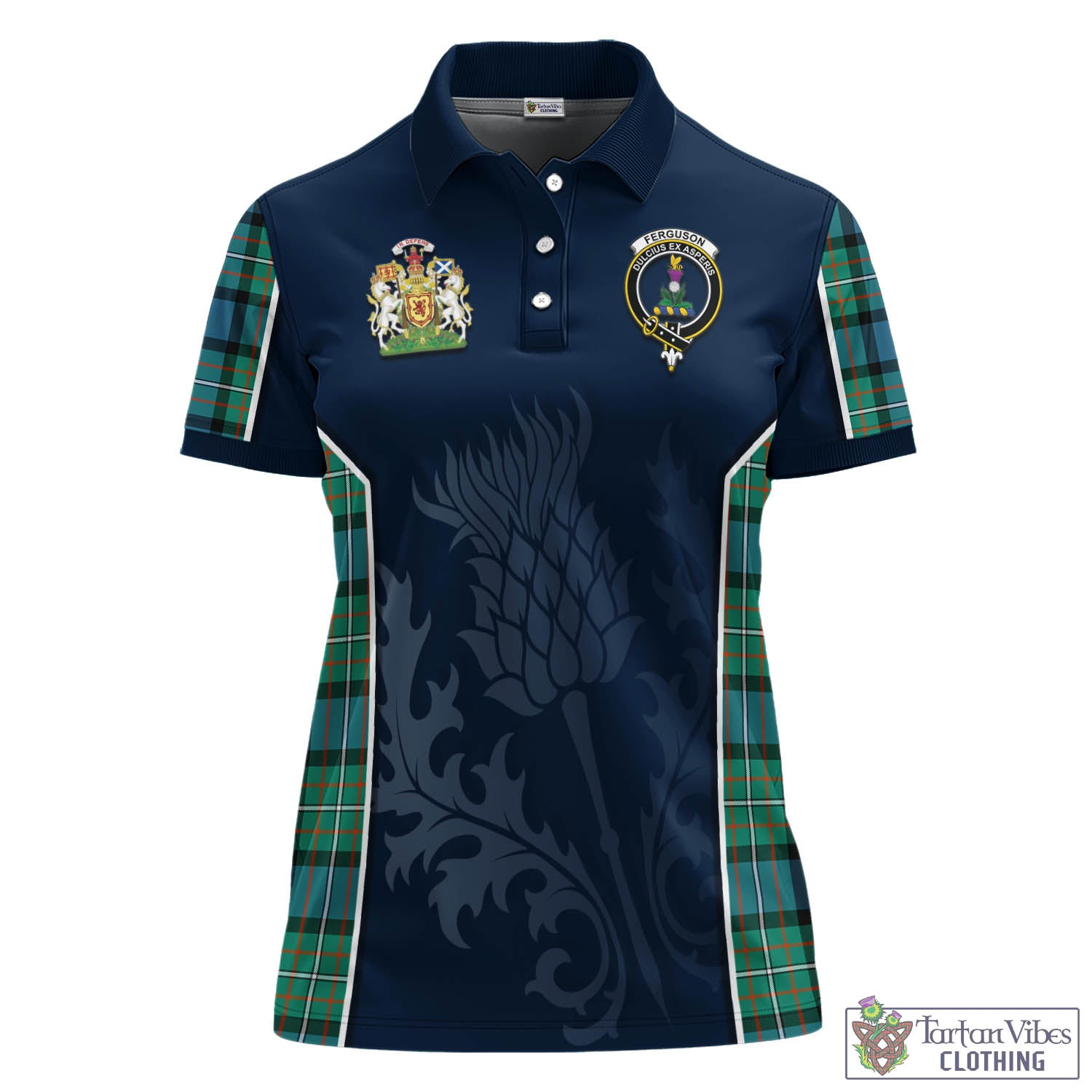 Tartan Vibes Clothing Ferguson Ancient Tartan Women's Polo Shirt with Family Crest and Scottish Thistle Vibes Sport Style