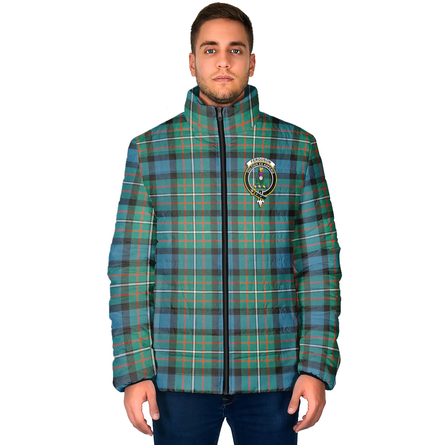 Ferguson (Fergusson) Tartan Padded Jacket with Family Crest - Tartan Vibes Clothing