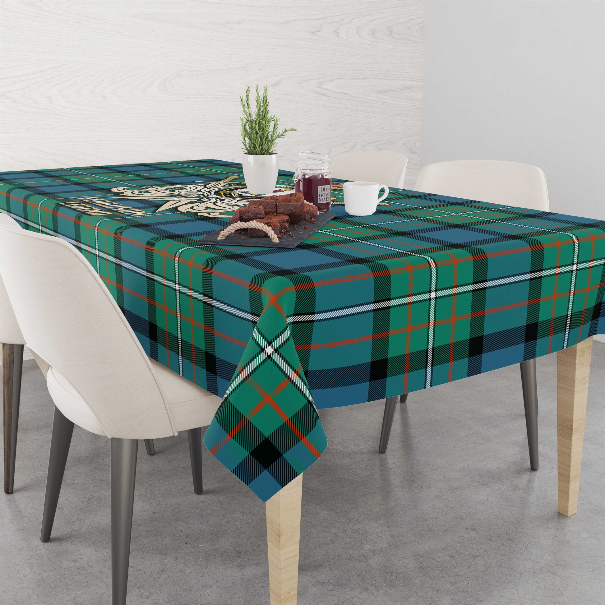 Tartan Vibes Clothing Ferguson Ancient Tartan Tablecloth with Clan Crest and the Golden Sword of Courageous Legacy