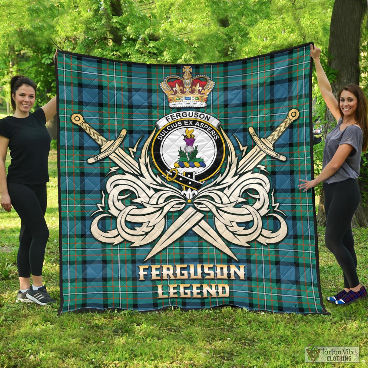 Tartan Vibes Clothing Ferguson Ancient Tartan Quilt with Clan Crest and the Golden Sword of Courageous Legacy