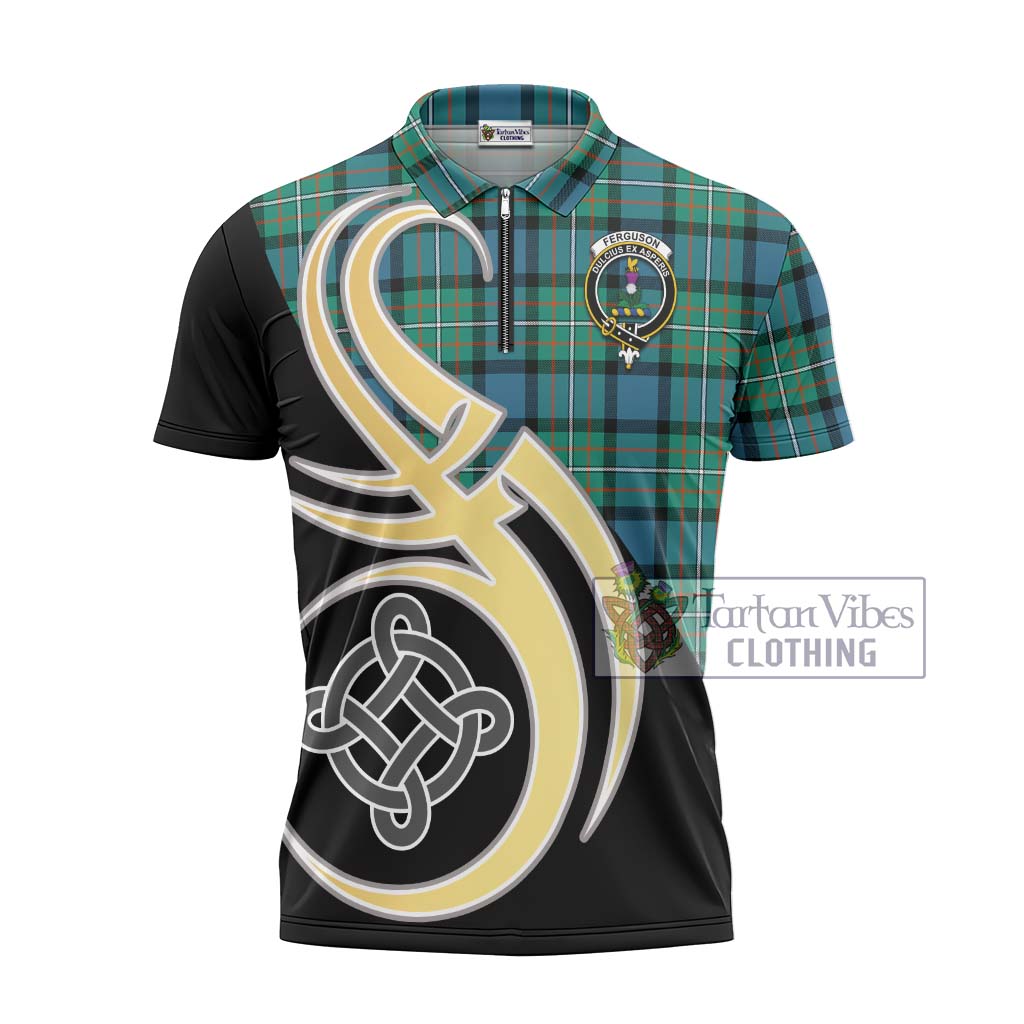 Ferguson (Fergusson) Tartan Zipper Polo Shirt with Family Crest and Celtic Symbol Style - Tartan Vibes Clothing