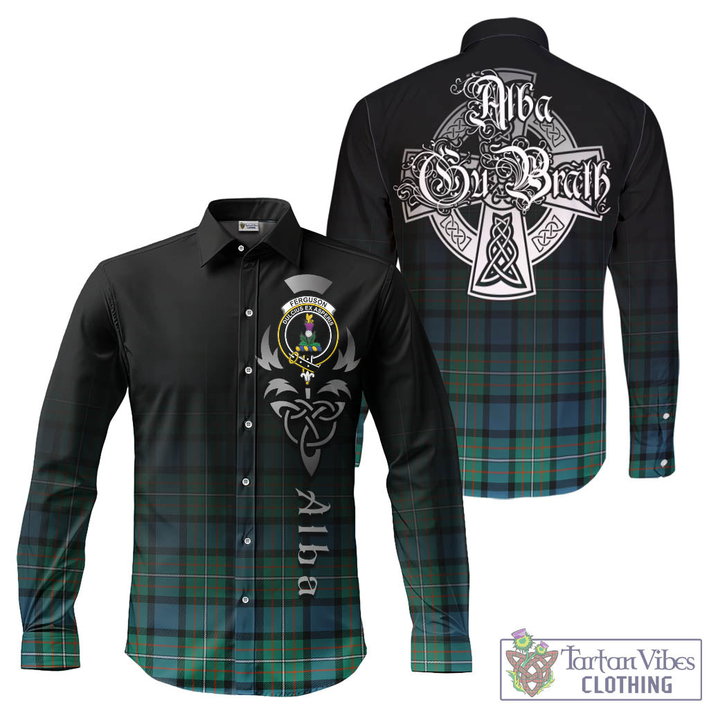 Tartan Vibes Clothing Ferguson Ancient Tartan Long Sleeve Button Up Featuring Alba Gu Brath Family Crest Celtic Inspired