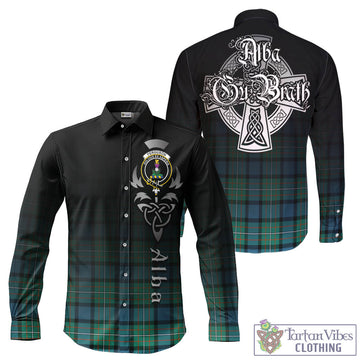 Ferguson (Fergusson) Tartan Long Sleeve Button Up Featuring Alba Gu Brath Family Crest Celtic Inspired