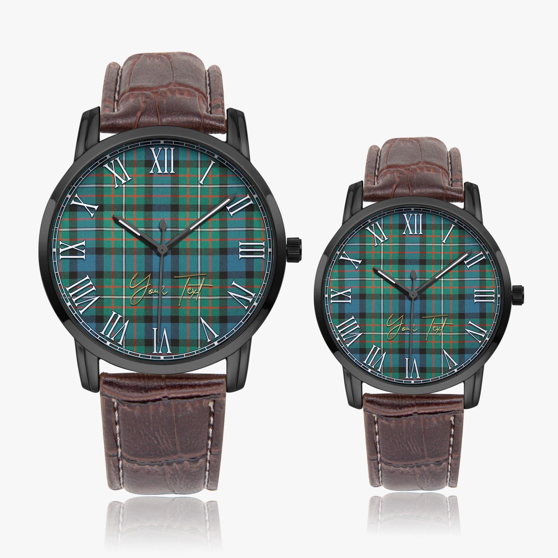 Ferguson Ancient Tartan Personalized Your Text Leather Trap Quartz Watch Wide Type Black Case With Brown Leather Strap - Tartanvibesclothing