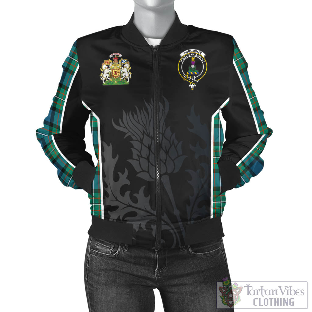 Tartan Vibes Clothing Ferguson Ancient Tartan Bomber Jacket with Family Crest and Scottish Thistle Vibes Sport Style