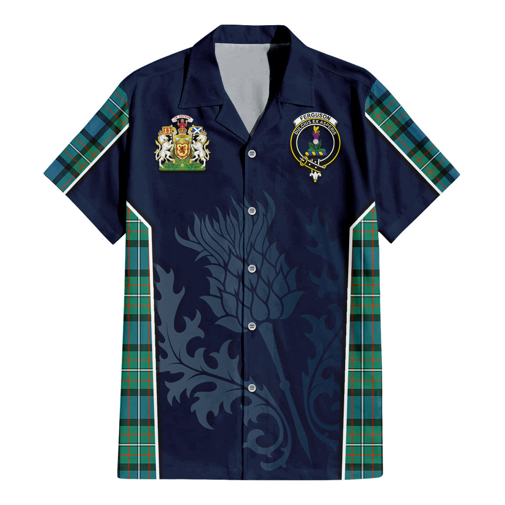 Tartan Vibes Clothing Ferguson Ancient Tartan Short Sleeve Button Up Shirt with Family Crest and Scottish Thistle Vibes Sport Style