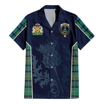 Ferguson (Fergusson) Tartan Short Sleeve Button Up Shirt with Family Crest and Scottish Thistle Vibes Sport Style