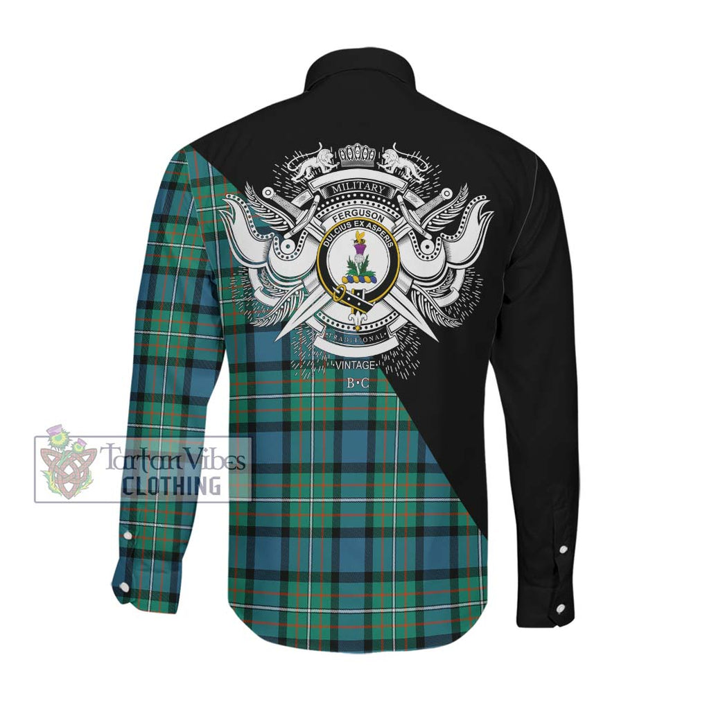 Ferguson (Fergusson) Tartan Long Sleeve Button Shirt with Family Crest and Military Logo Style Men's Shirt - Tartanvibesclothing Shop