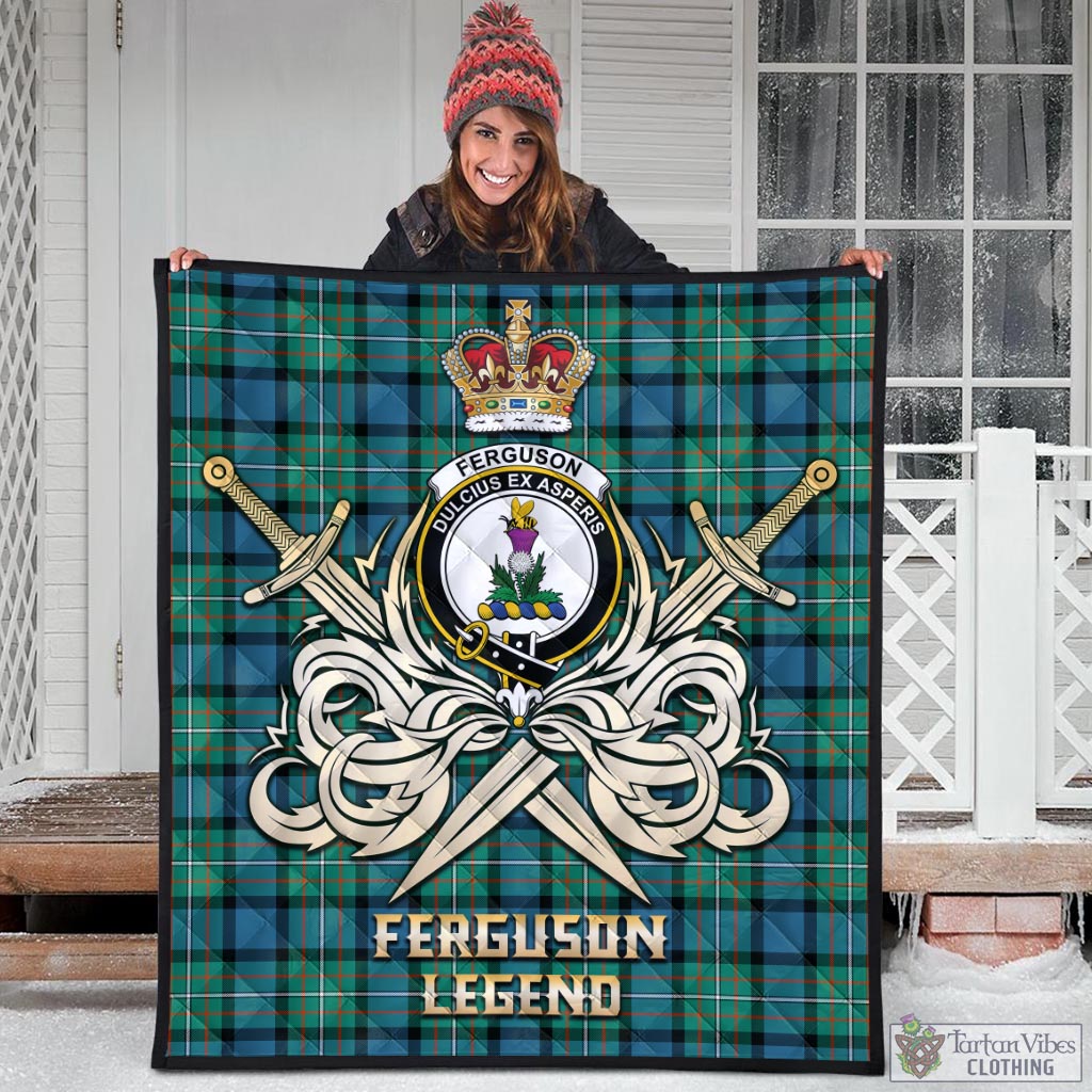 Tartan Vibes Clothing Ferguson Ancient Tartan Quilt with Clan Crest and the Golden Sword of Courageous Legacy