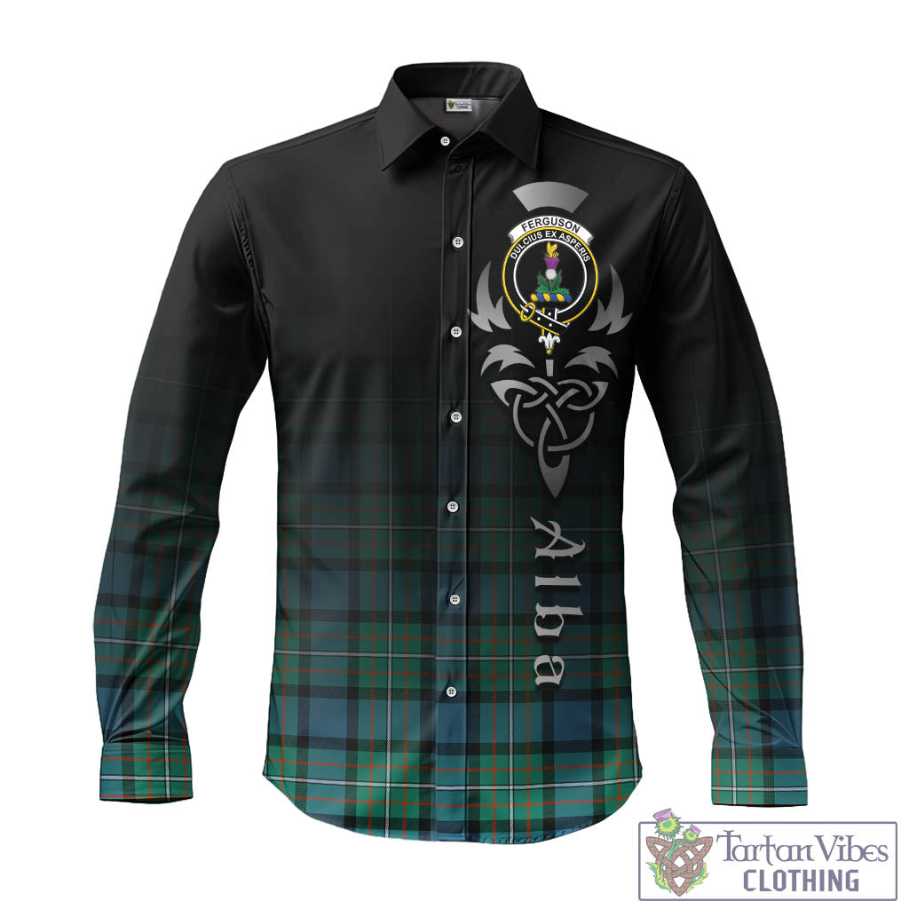 Tartan Vibes Clothing Ferguson Ancient Tartan Long Sleeve Button Up Featuring Alba Gu Brath Family Crest Celtic Inspired