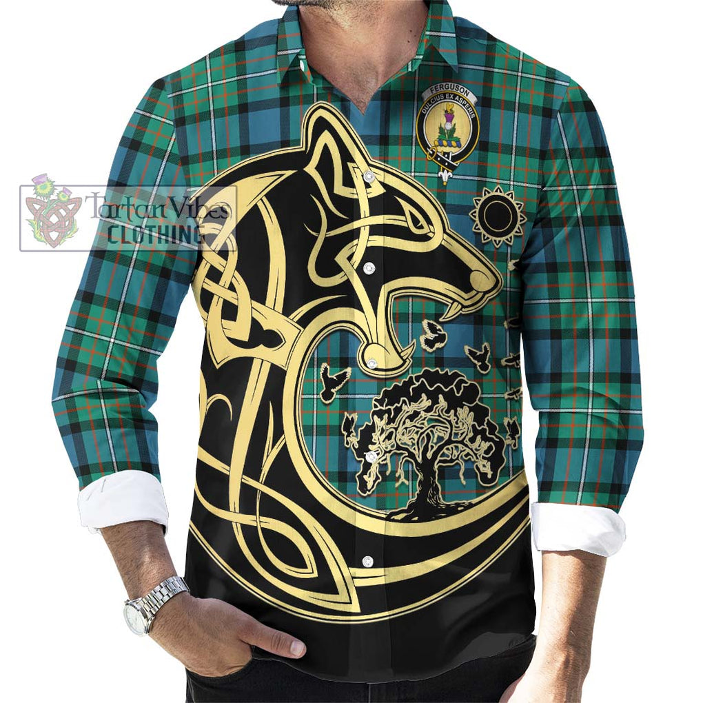 Ferguson (Fergusson) Tartan Long Sleeve Button Shirt with Family Crest Celtic Wolf Style - Tartan Vibes Clothing