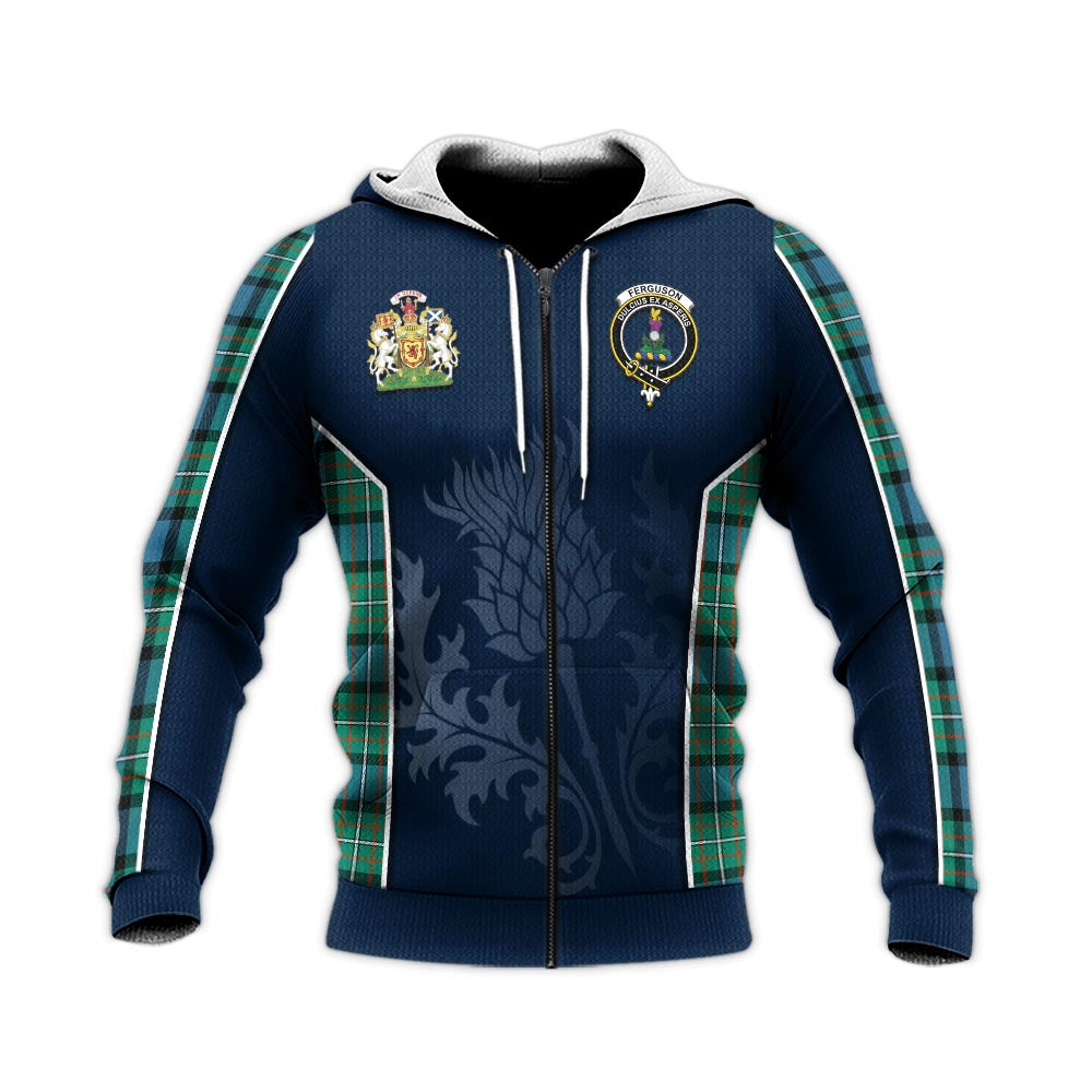 Tartan Vibes Clothing Ferguson Ancient Tartan Knitted Hoodie with Family Crest and Scottish Thistle Vibes Sport Style