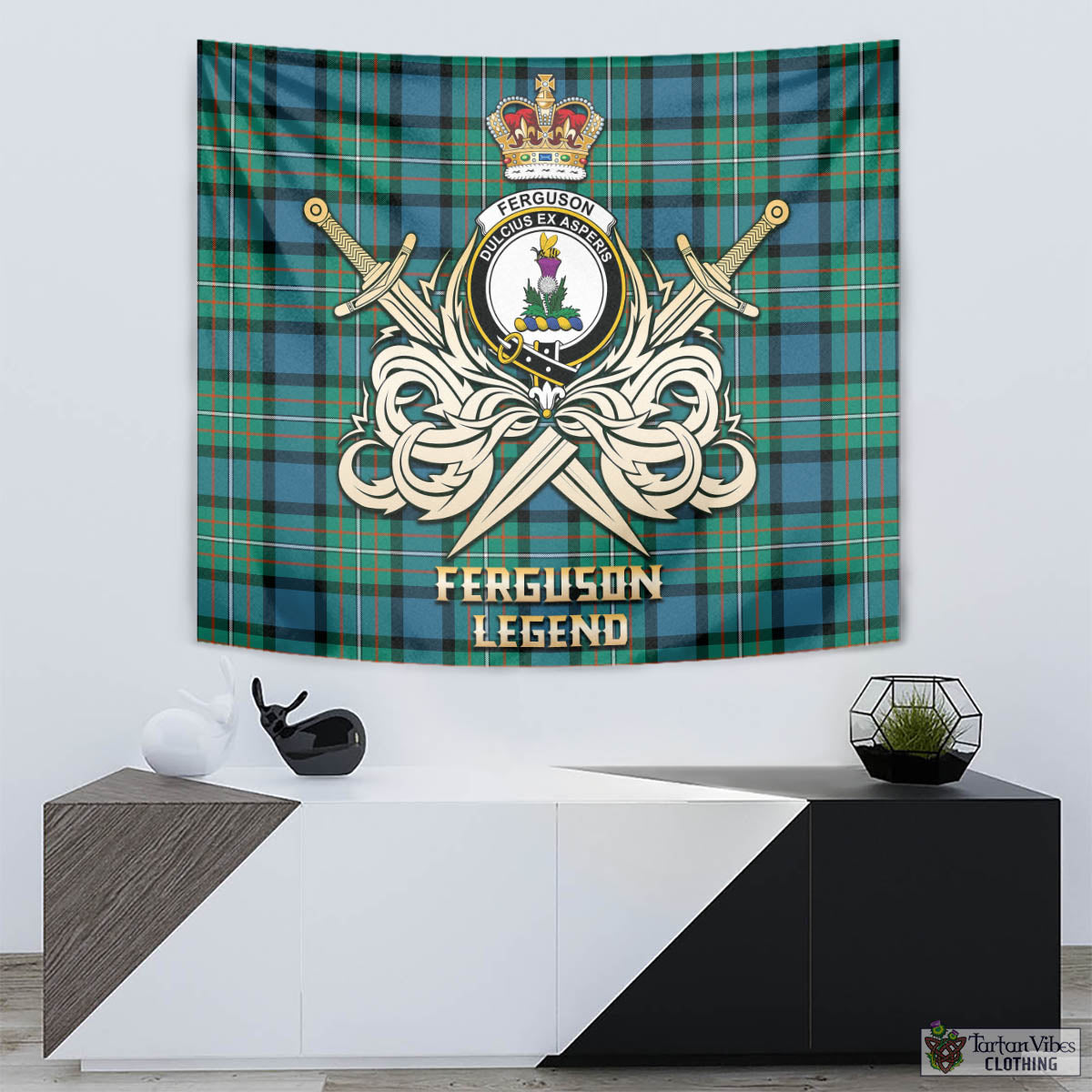 Tartan Vibes Clothing Ferguson Ancient Tartan Tapestry with Clan Crest and the Golden Sword of Courageous Legacy