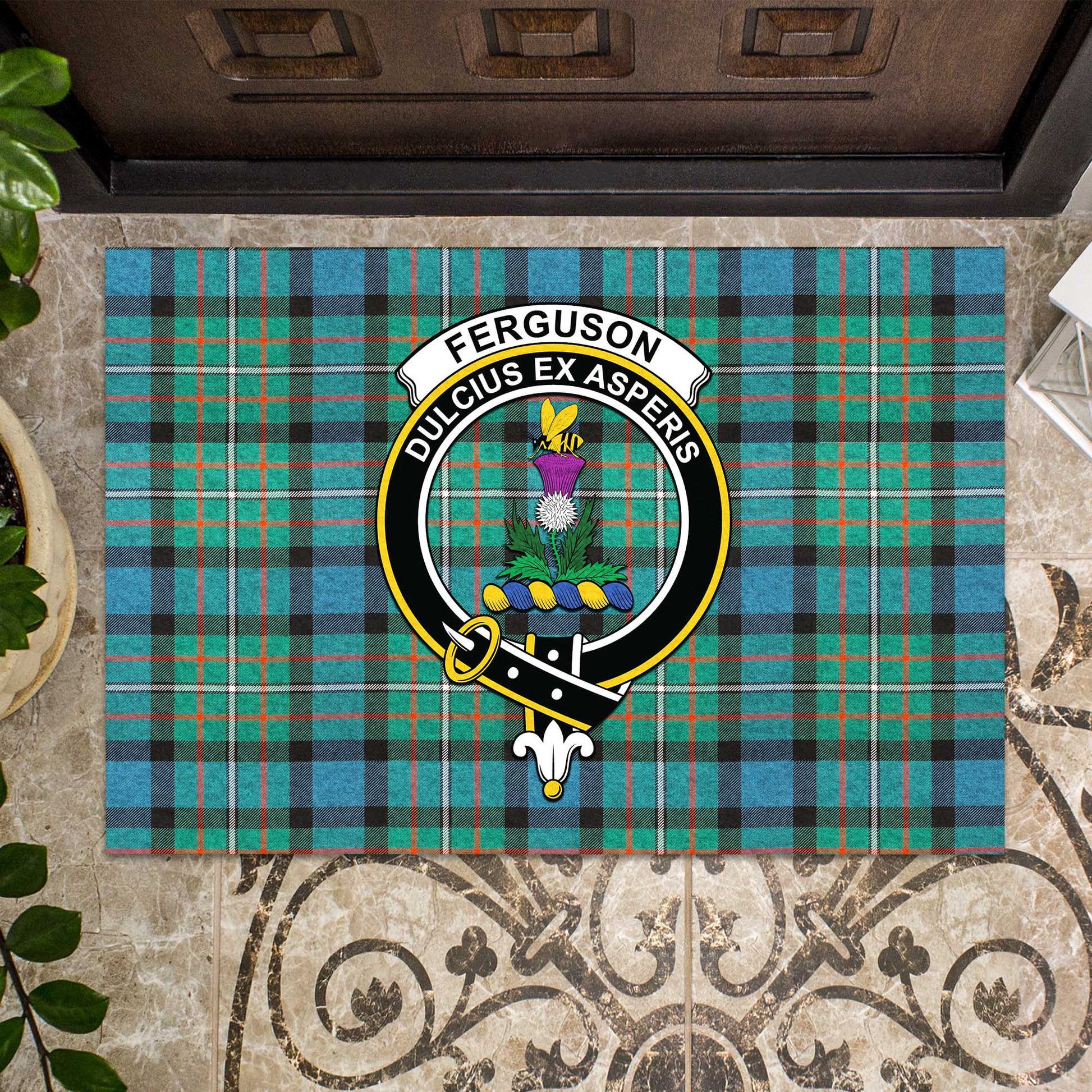 Ferguson Ancient Tartan Door Mat with Family Crest - Tartanvibesclothing