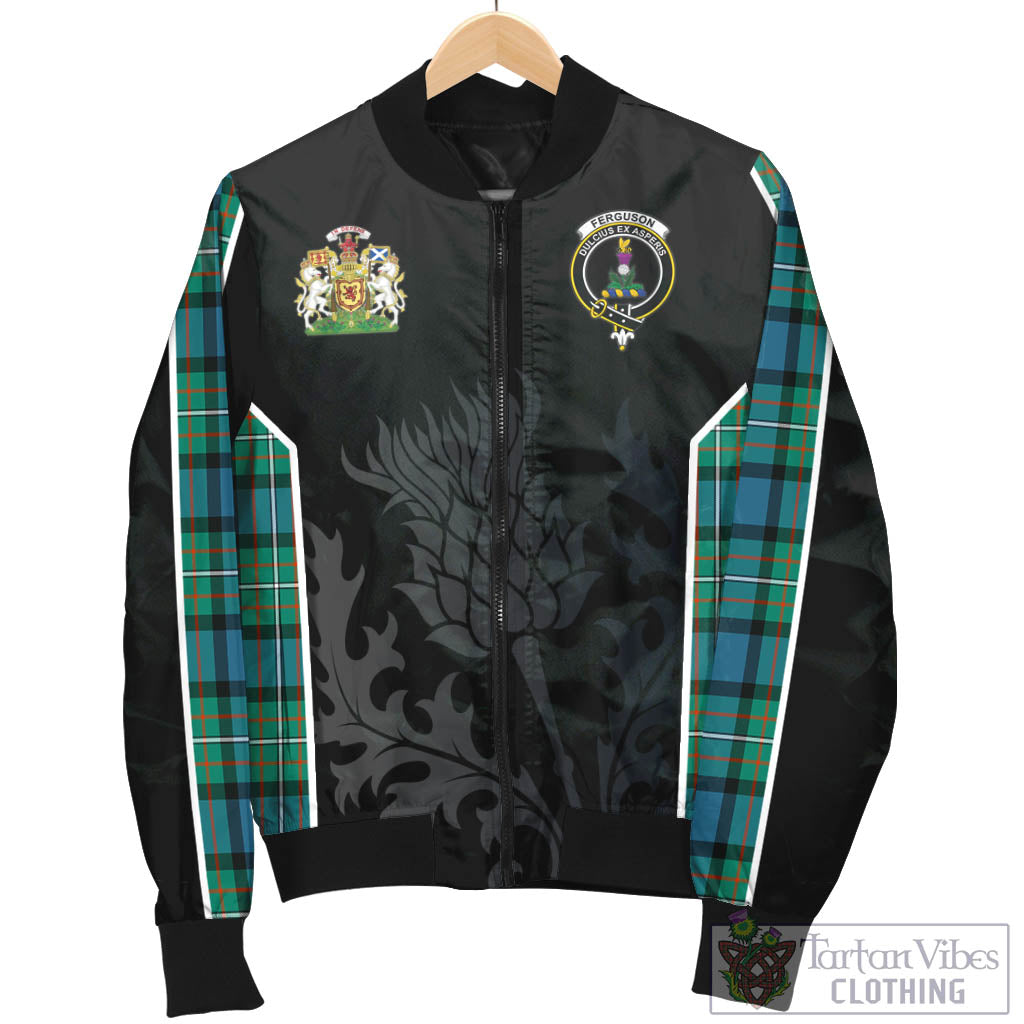 Tartan Vibes Clothing Ferguson Ancient Tartan Bomber Jacket with Family Crest and Scottish Thistle Vibes Sport Style