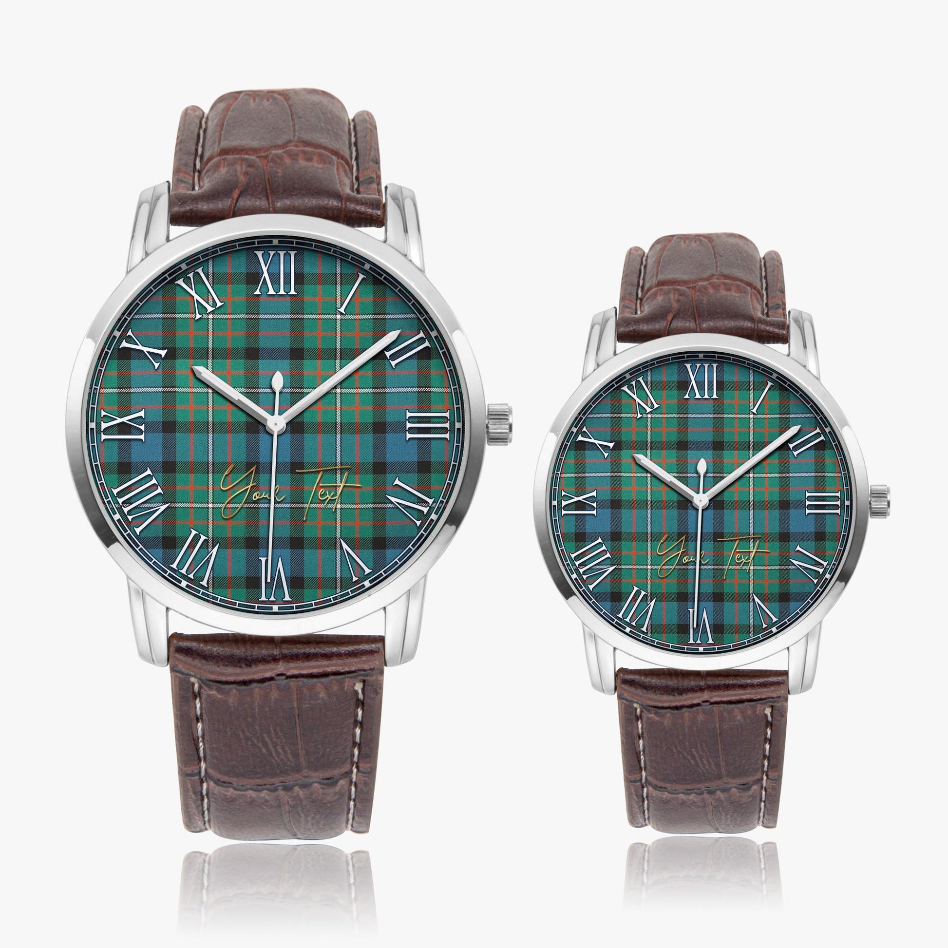 Ferguson Ancient Tartan Personalized Your Text Leather Trap Quartz Watch Wide Type Silver Case With Brown Leather Strap - Tartanvibesclothing