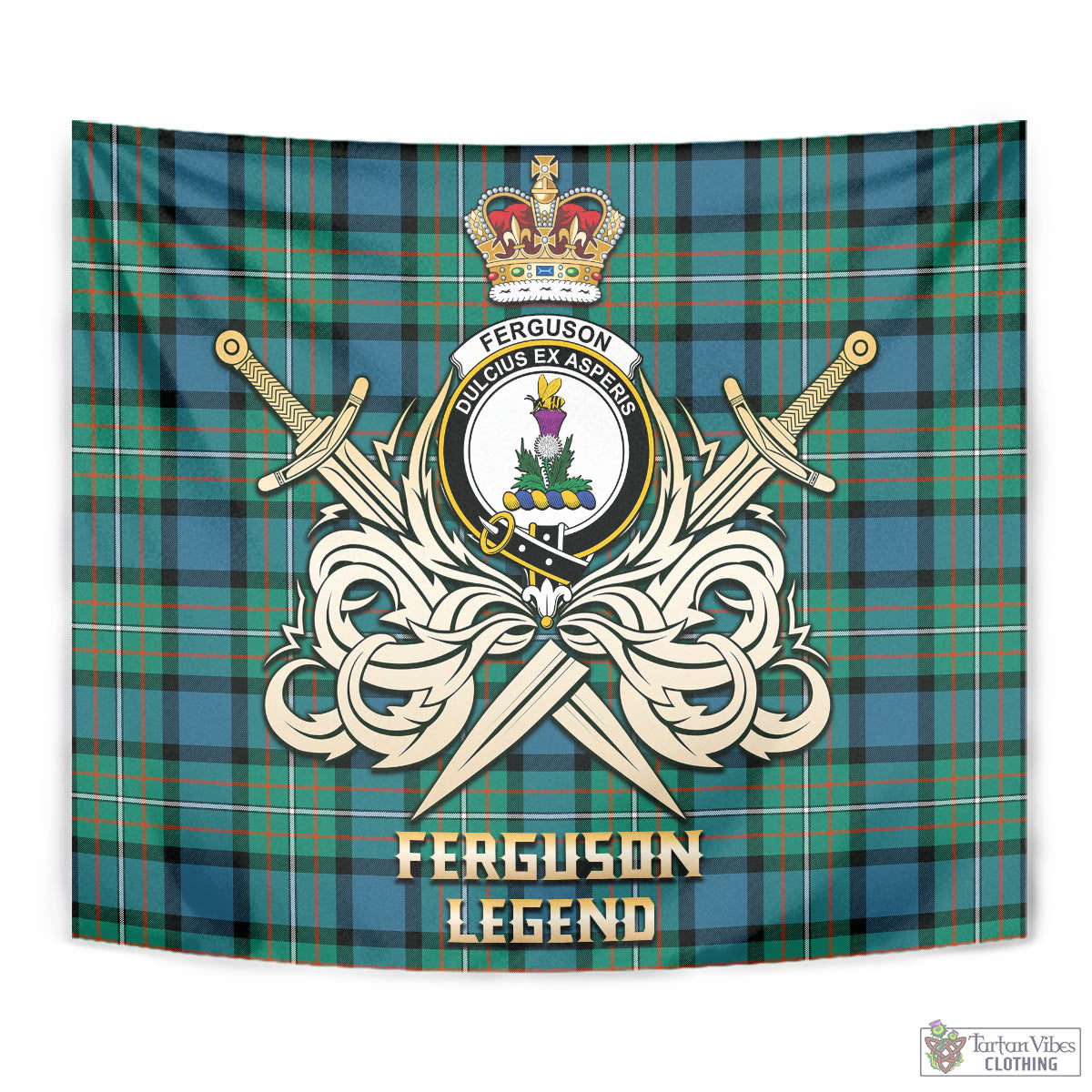 Tartan Vibes Clothing Ferguson Ancient Tartan Tapestry with Clan Crest and the Golden Sword of Courageous Legacy