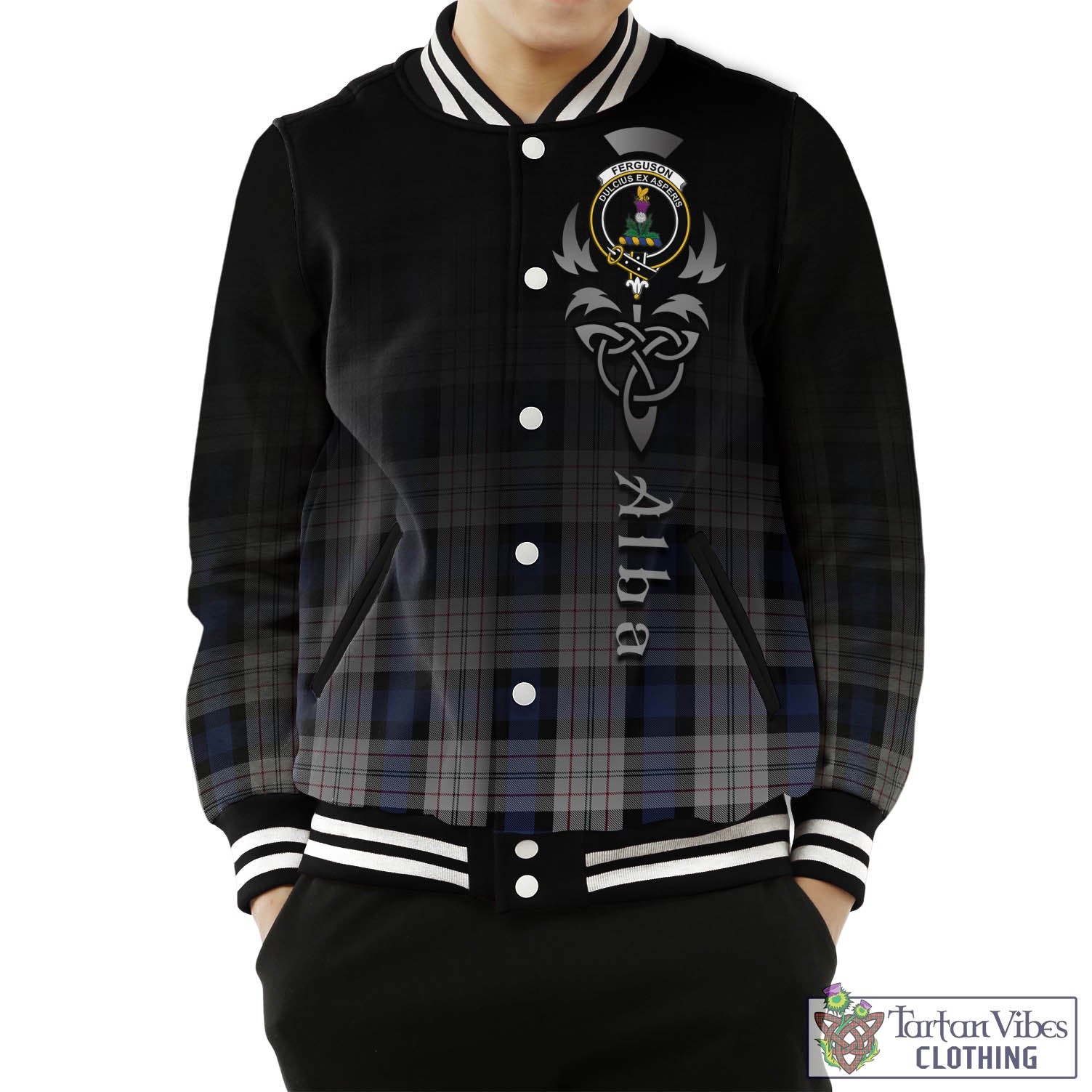 Tartan Vibes Clothing Ferguson Dress Tartan Baseball Jacket Featuring Alba Gu Brath Family Crest Celtic Inspired