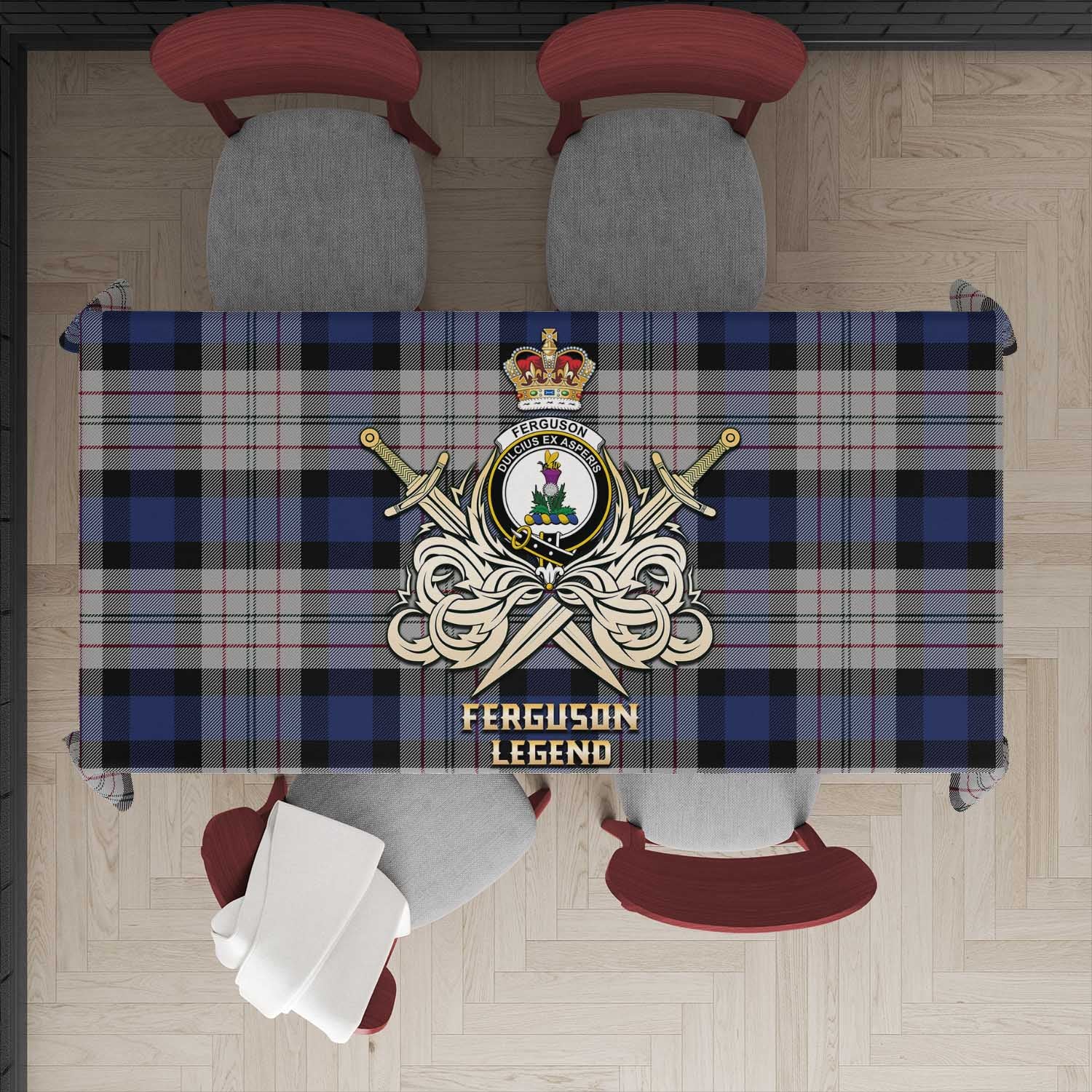 Tartan Vibes Clothing Ferguson Dress Tartan Tablecloth with Clan Crest and the Golden Sword of Courageous Legacy