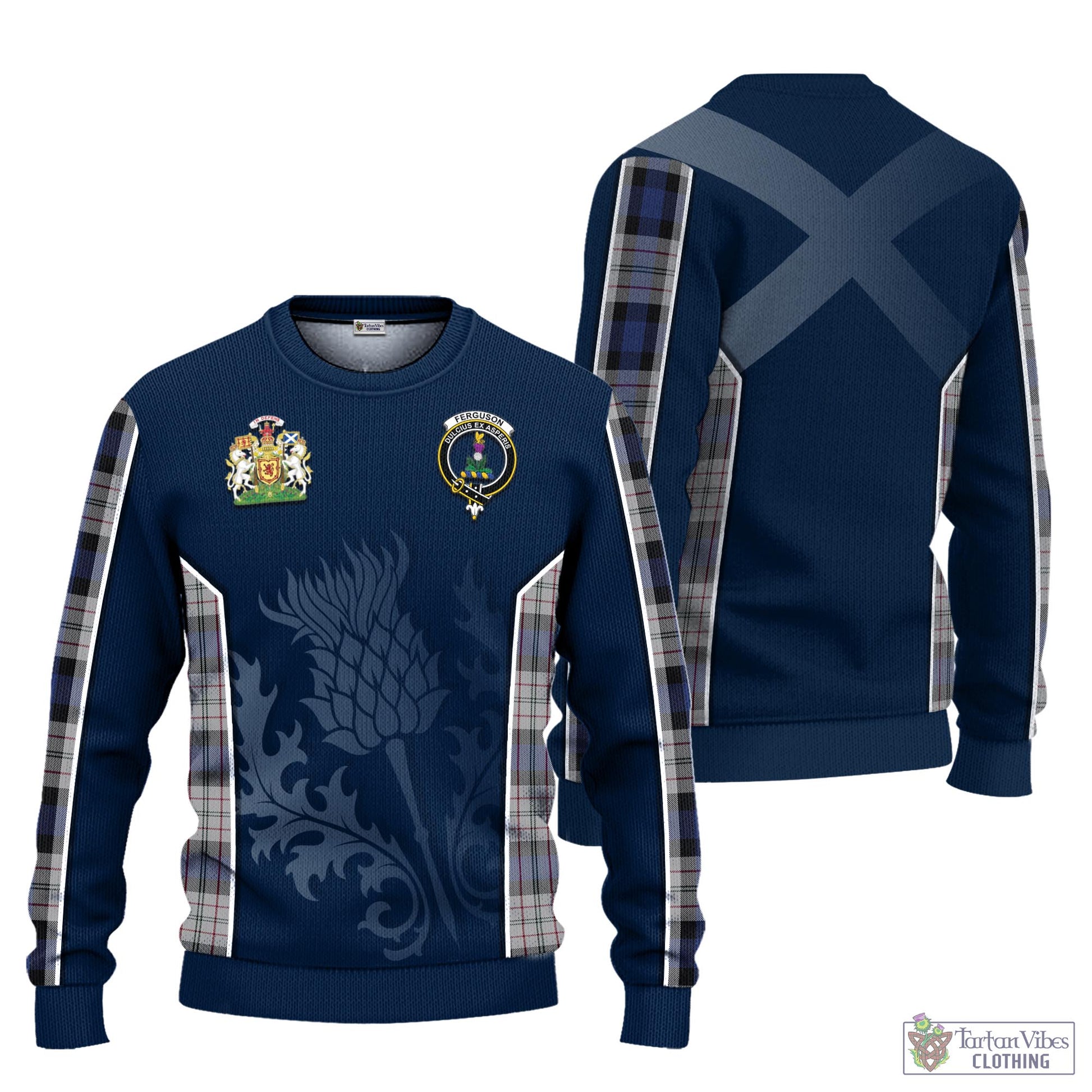 Tartan Vibes Clothing Ferguson Dress Tartan Knitted Sweatshirt with Family Crest and Scottish Thistle Vibes Sport Style