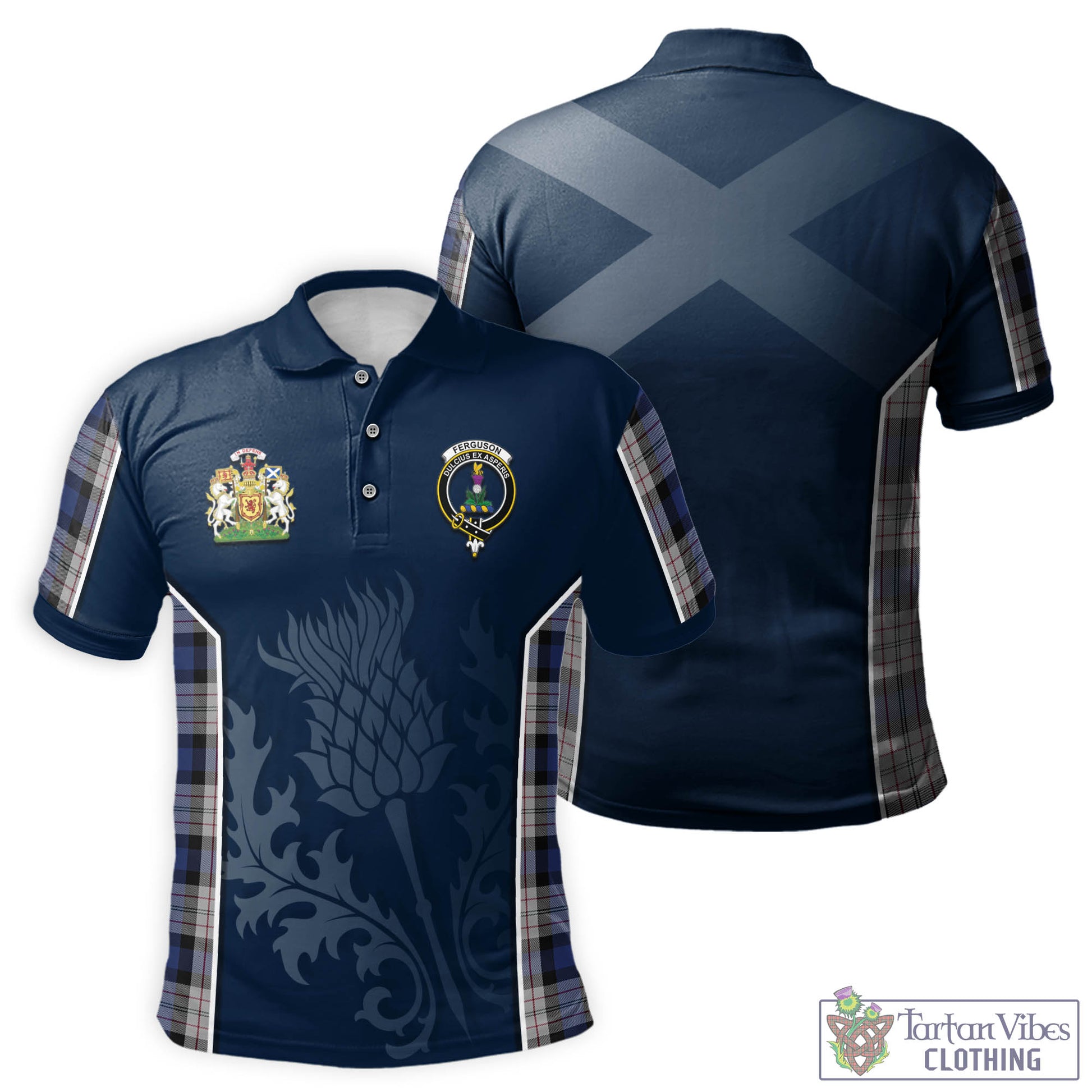 Tartan Vibes Clothing Ferguson Dress Tartan Men's Polo Shirt with Family Crest and Scottish Thistle Vibes Sport Style