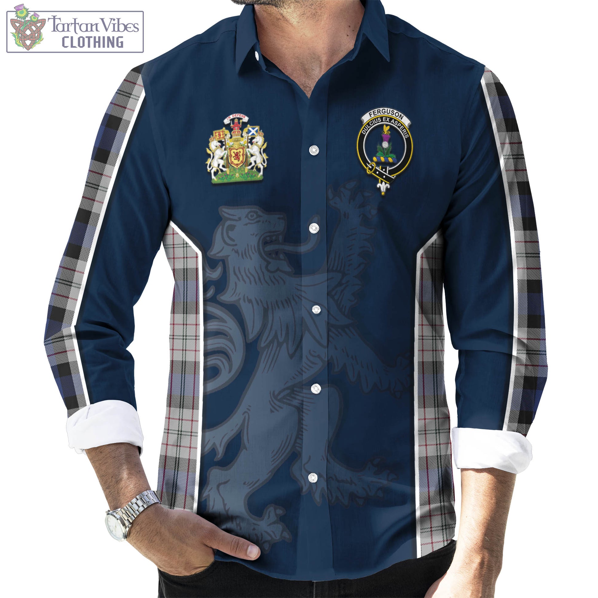 Tartan Vibes Clothing Ferguson Dress Tartan Long Sleeve Button Up Shirt with Family Crest and Lion Rampant Vibes Sport Style