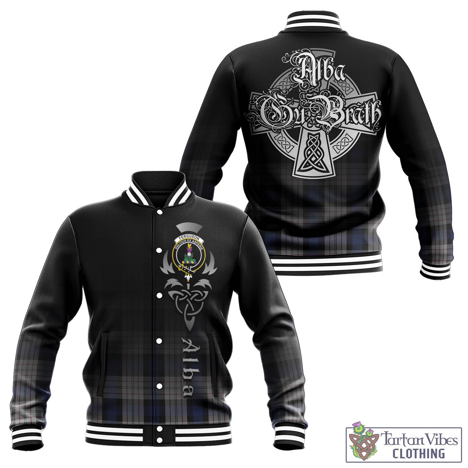 Tartan Vibes Clothing Ferguson Dress Tartan Baseball Jacket Featuring Alba Gu Brath Family Crest Celtic Inspired