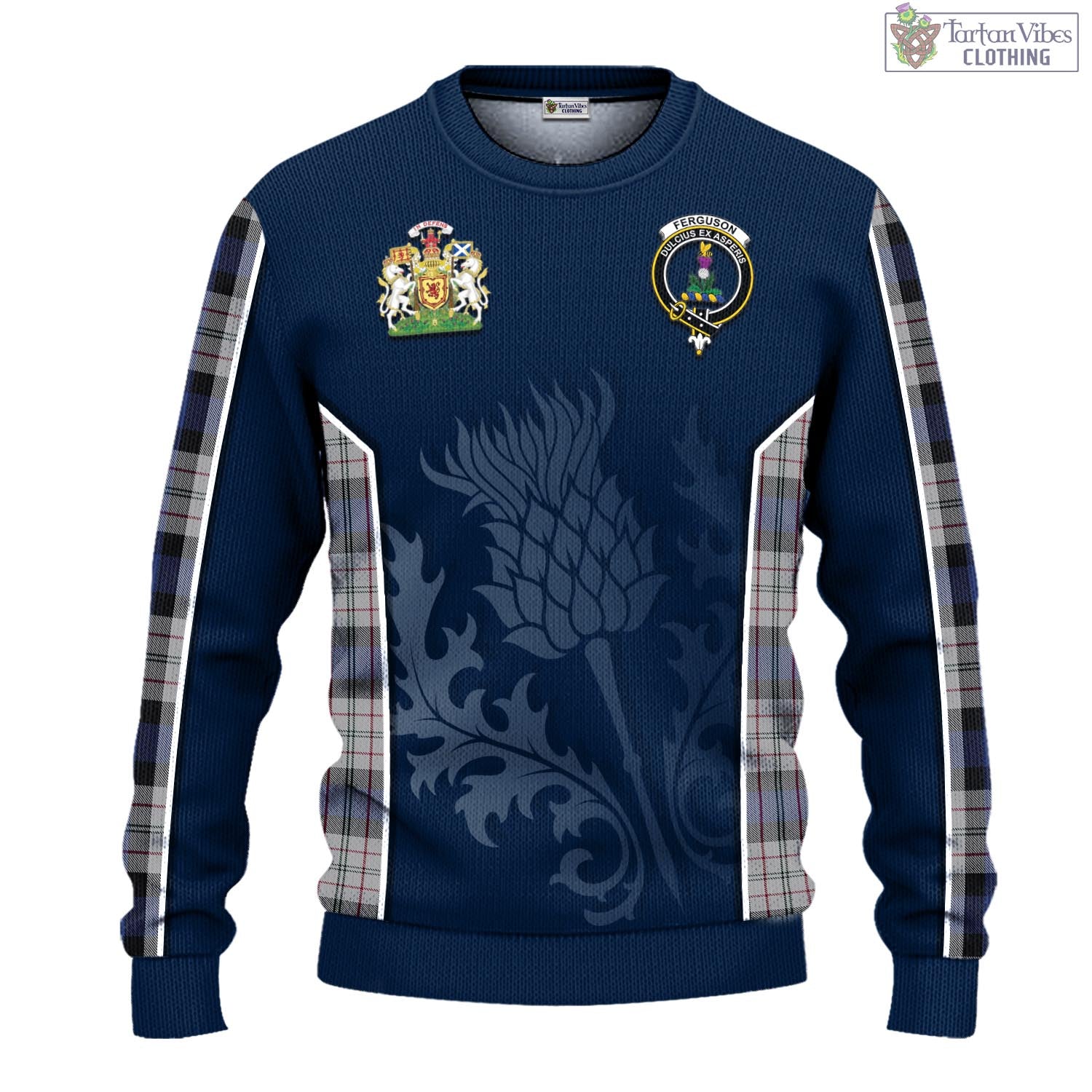 Tartan Vibes Clothing Ferguson Dress Tartan Knitted Sweatshirt with Family Crest and Scottish Thistle Vibes Sport Style