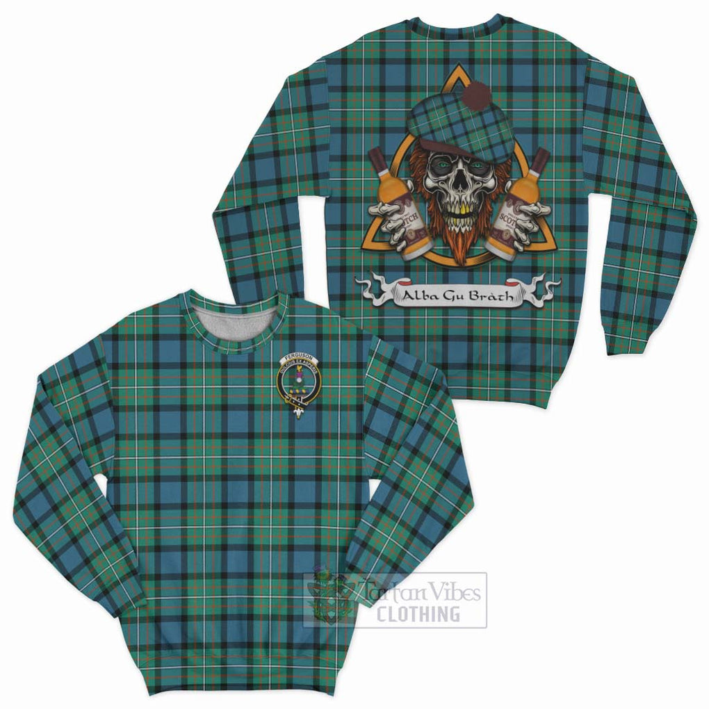 Tartan Vibes Clothing Ferguson (Fergusson) Tartan Sweatshirt with Family Crest and Bearded Skull Holding Bottles of Whiskey