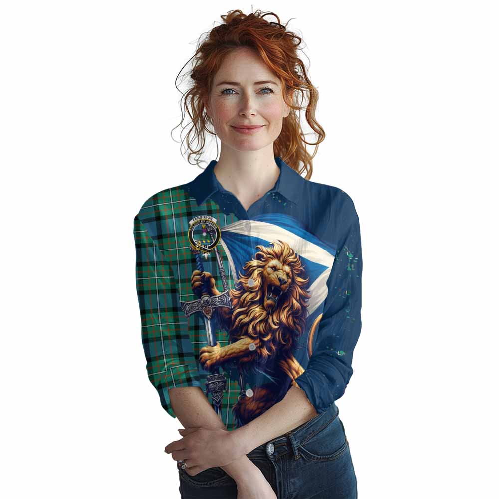 Tartan Vibes Clothing Ferguson (Fergusson) Tartan Family Crest Women's Casual Shirt with Scottish Majestic Lion