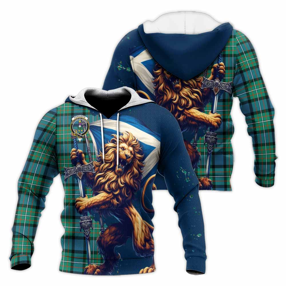 Tartan Vibes Clothing Ferguson (Fergusson) Tartan Family Crest Knitted Hoodie with Scottish Majestic Lion