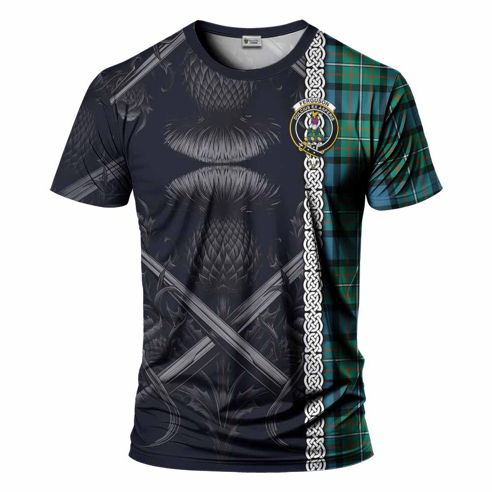 Tartan Vibes Clothing Ferguson (Fergusson) Tartan T-Shirt with Family Crest Cross Sword Thistle Celtic Vibes