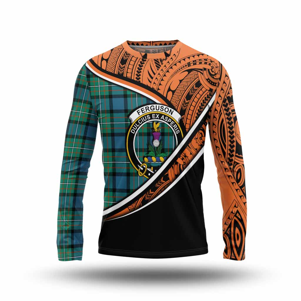 Tartan Vibes Clothing Ferguson (Fergusson) Crest Tartan Long Sleeve T-Shirt with Maori Tattoo Style - Orange Version