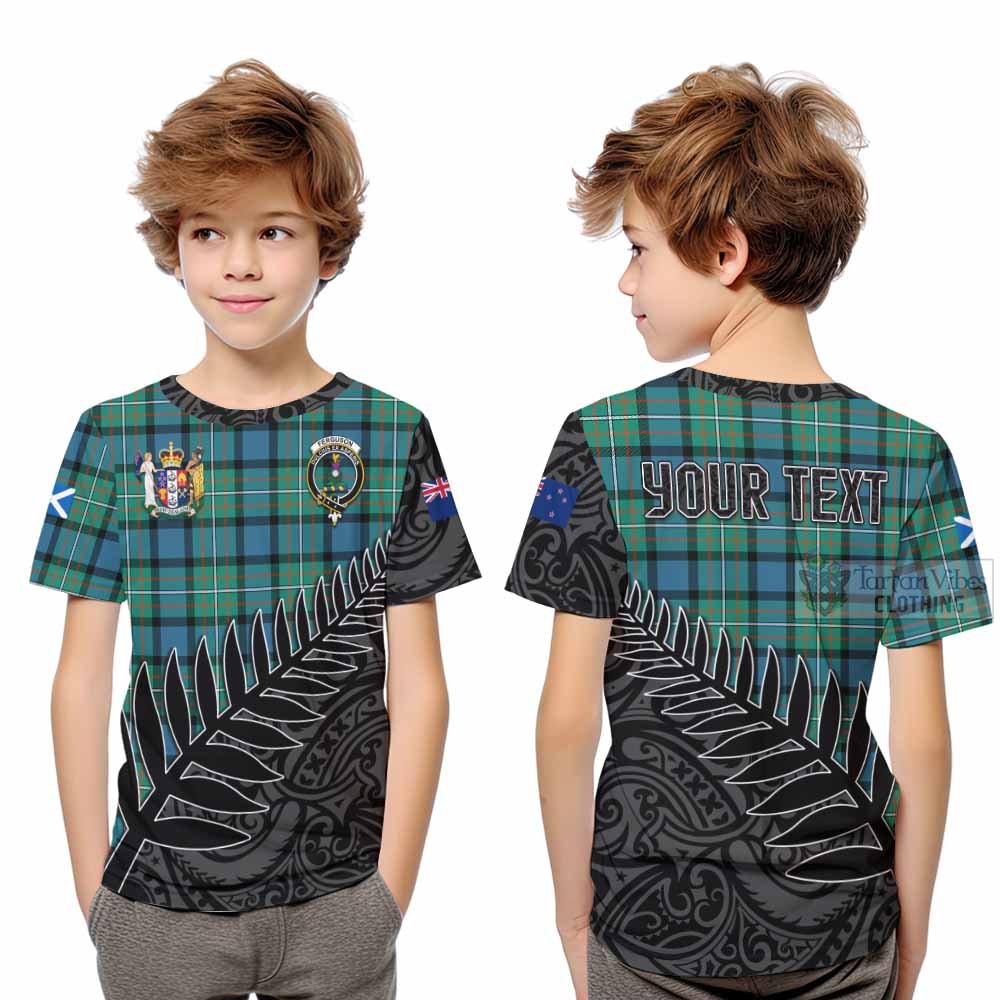 Tartan Vibes Clothing Ferguson (Fergusson) Crest Tartan Kid T-Shirt with New Zealand Silver Fern Half Style