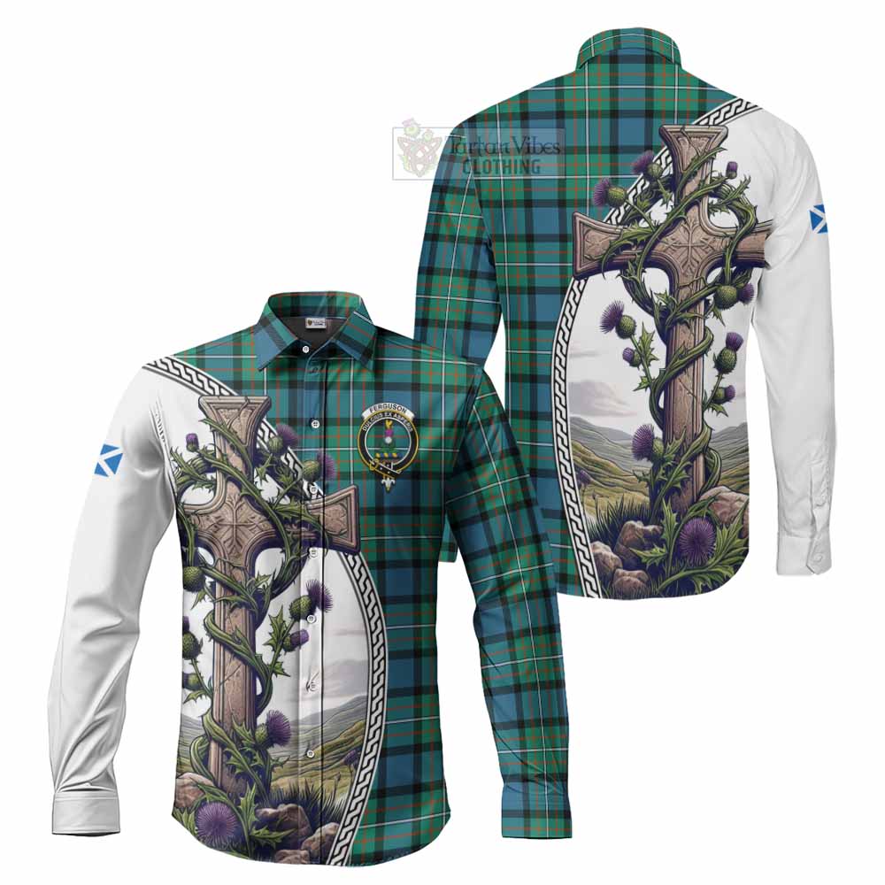 Tartan Vibes Clothing Ferguson (Fergusson) Tartan Long Sleeve Button Shirt with Family Crest and St. Andrew's Cross Accented by Thistle Vines