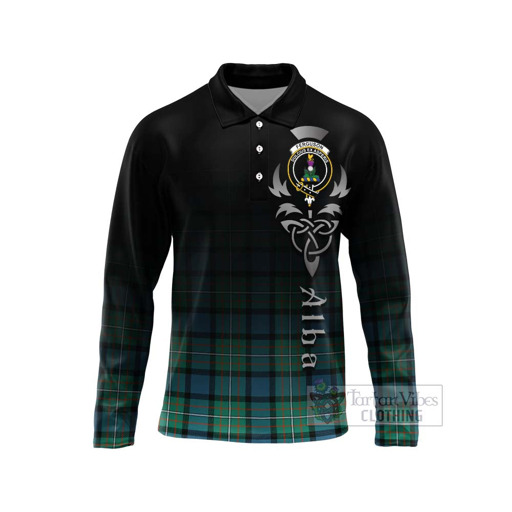 Tartan Vibes Clothing Ferguson (Fergusson) Tartan Long Sleeve Polo Shirt Featuring Alba Gu Brath Family Crest Celtic Inspired