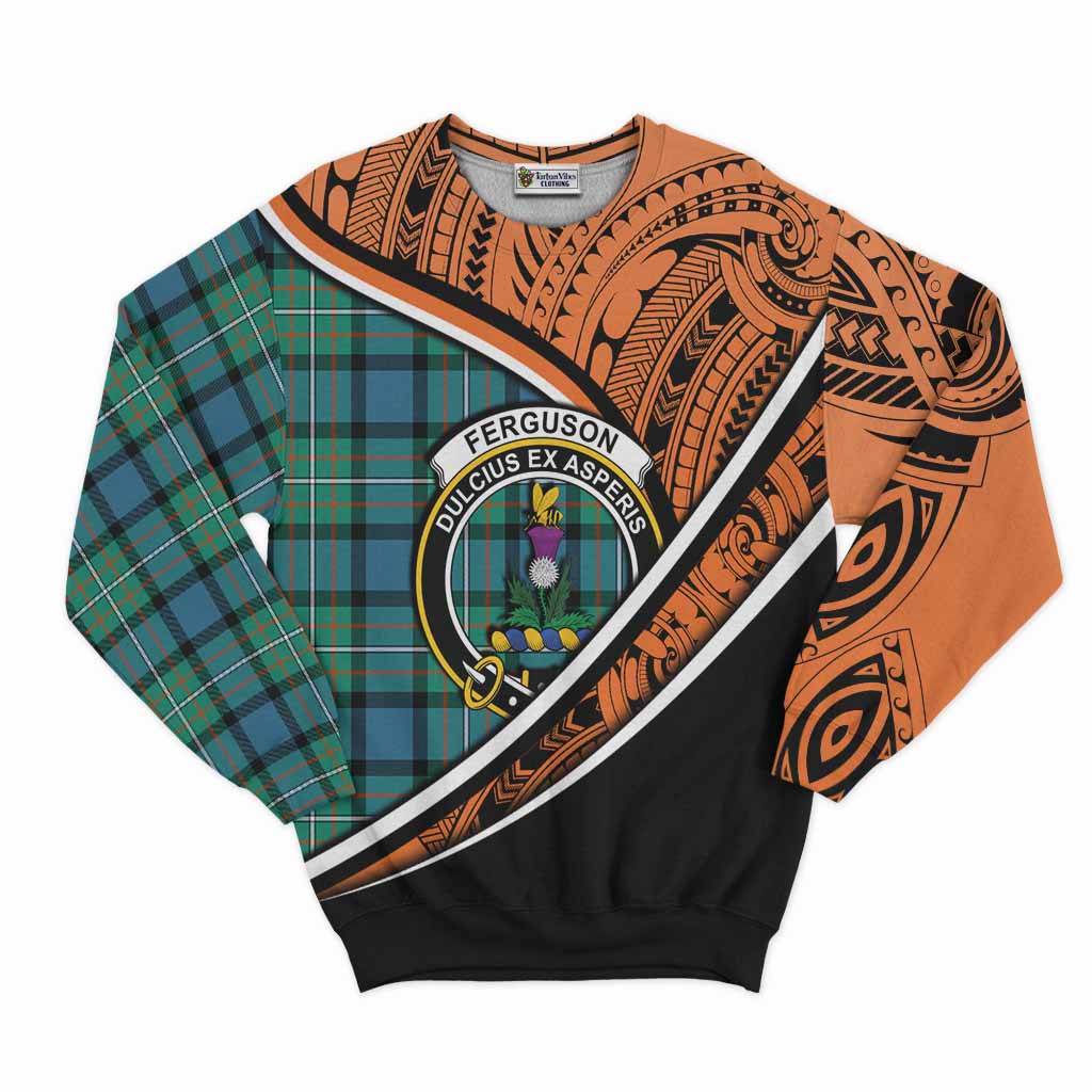 Tartan Vibes Clothing Ferguson (Fergusson) Crest Tartan Sweatshirt with Maori Tattoo Style - Orange Version