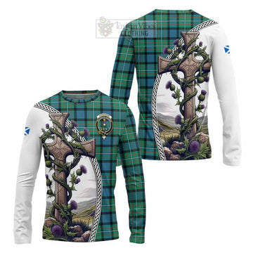 Ferguson (Fergusson) Tartan Long Sleeve T-Shirt with Family Crest and St. Andrew's Cross Accented by Thistle Vines