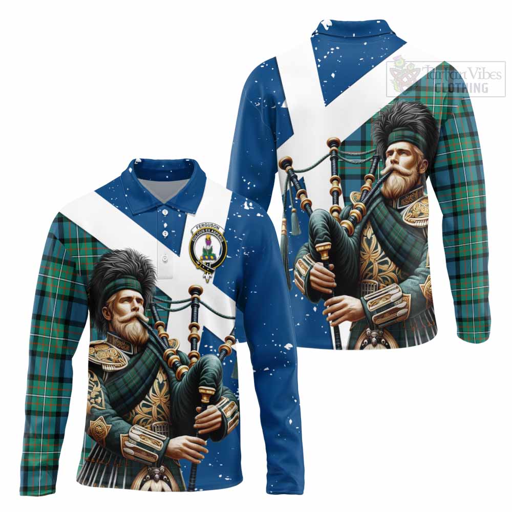 Tartan Vibes Clothing Ferguson (Fergusson) Tartan Long Sleeve Polo Shirt with Family Crest Scottish Bagpiper Vibes