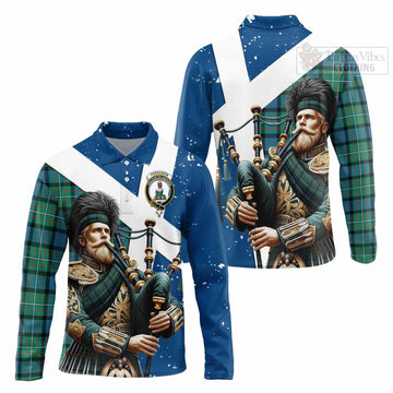 Ferguson (Fergusson) Tartan Long Sleeve Polo Shirt with Family Crest Scottish Bagpiper Vibes