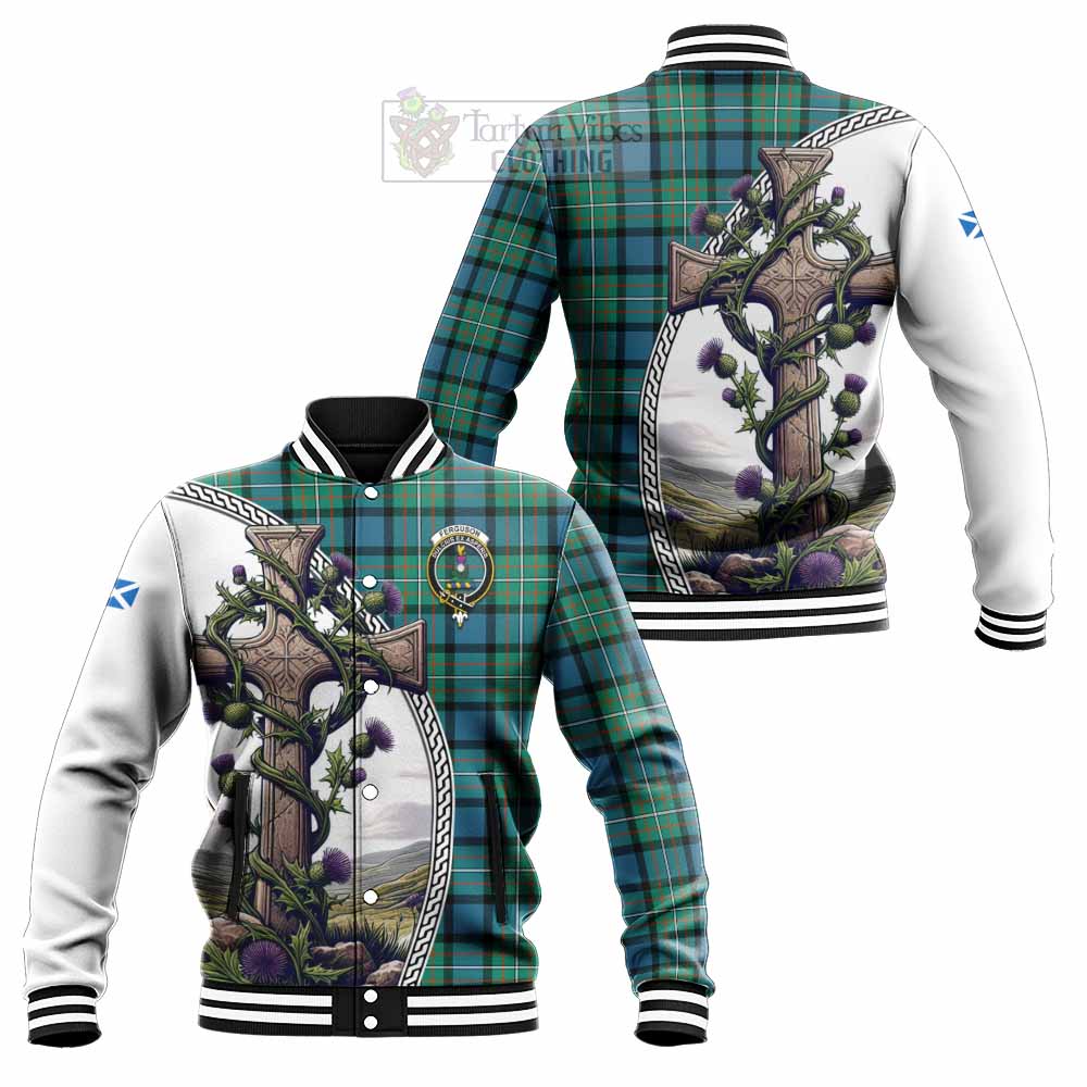 Tartan Vibes Clothing Ferguson (Fergusson) Tartan Baseball Jacket with Family Crest and St. Andrew's Cross Accented by Thistle Vines