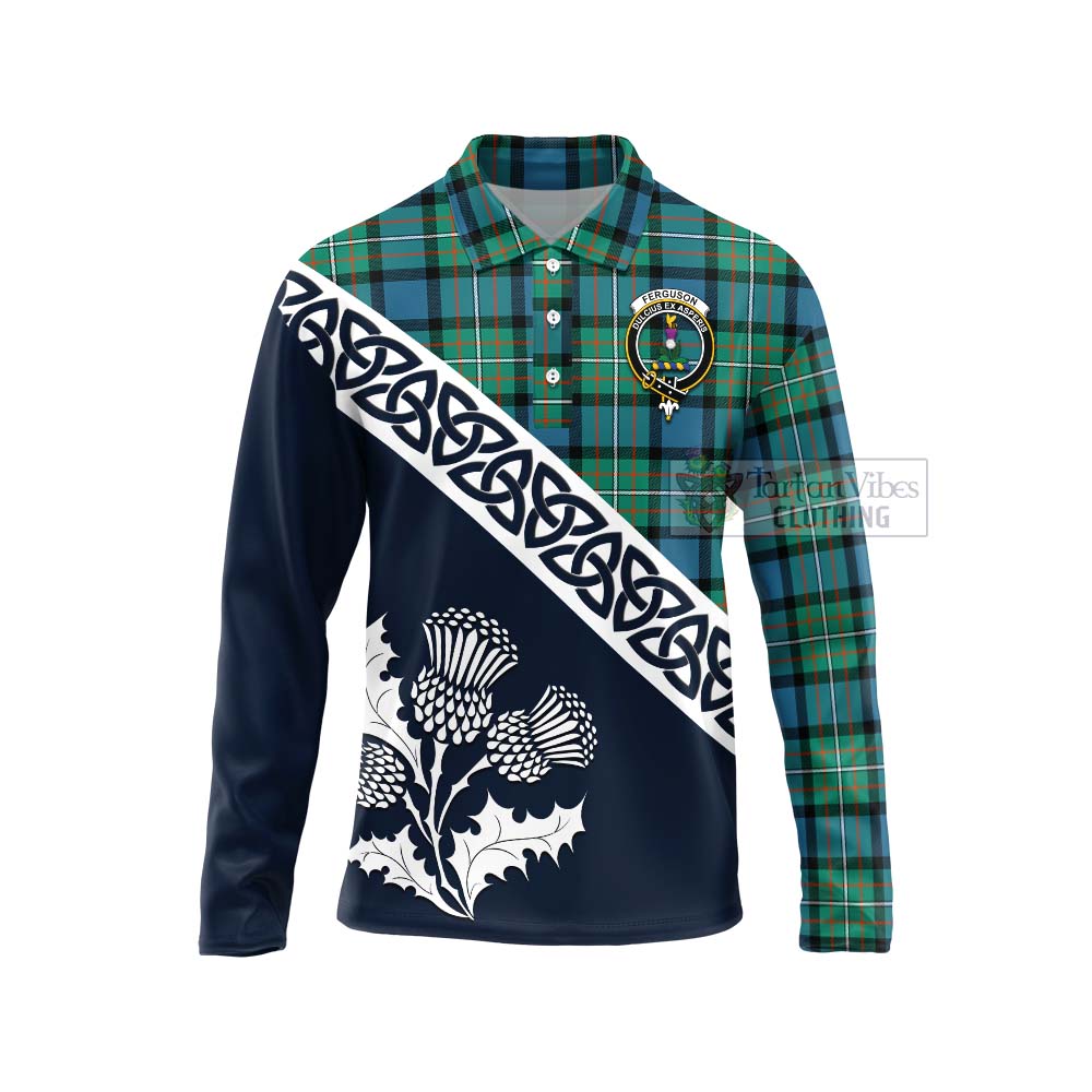 Tartan Vibes Clothing Ferguson (Fergusson) Tartan Long Sleeve Polo Shirt Featuring Thistle and Scotland Map