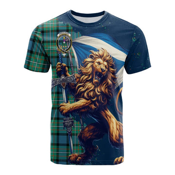 Ferguson (Fergusson) Tartan Family Crest Cotton T-shirt with Scottish Majestic Lion