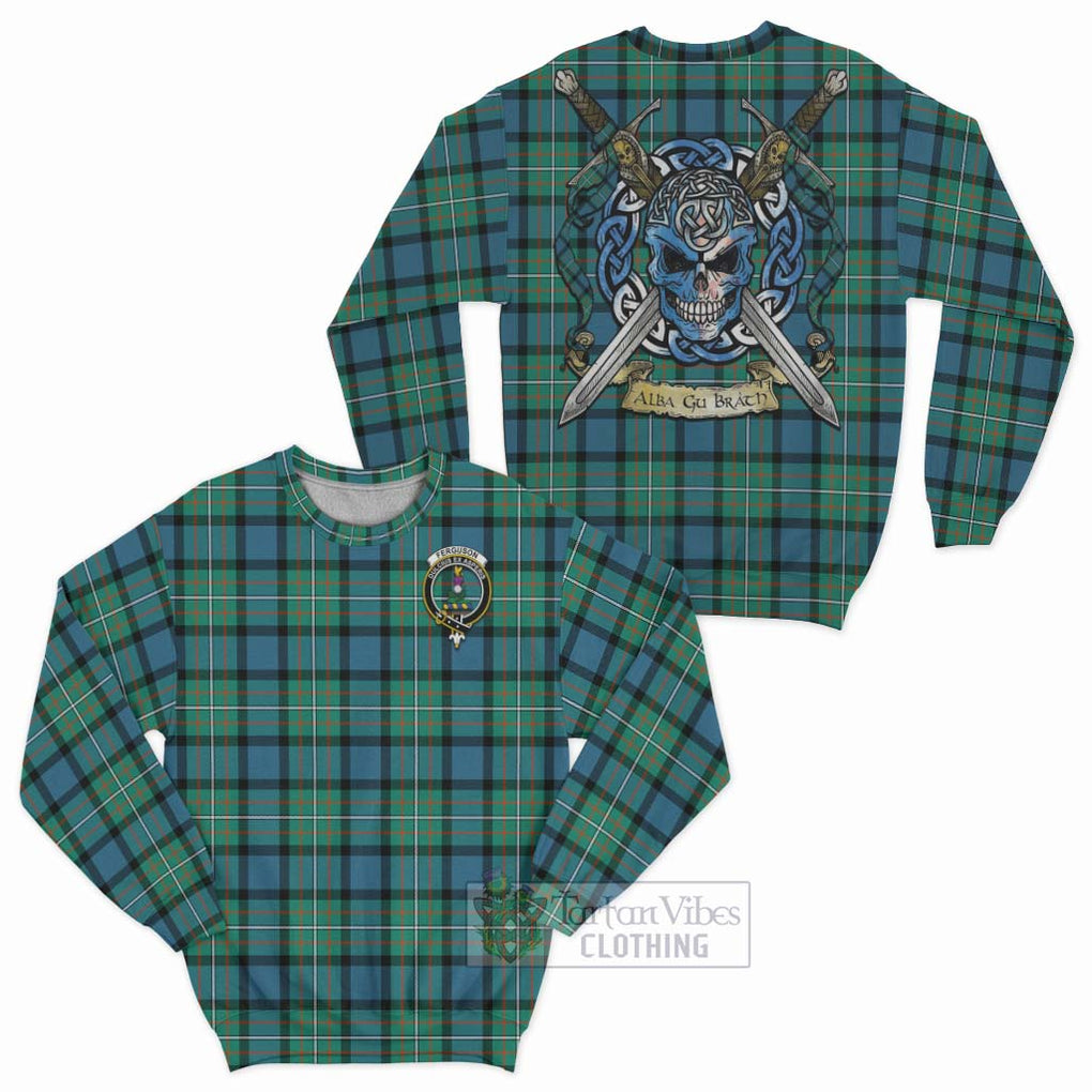 Tartan Vibes Clothing Ferguson (Fergusson) Tartan Sweatshirt with Family Crest Celtic Skull Style