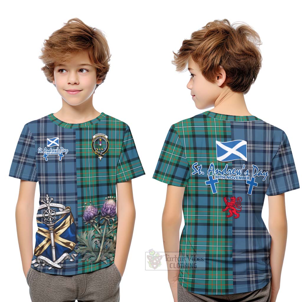 Tartan Vibes Clothing Ferguson (Fergusson) Tartan Kid T-Shirt Happy St. Andrew's Day Half Tartan Style