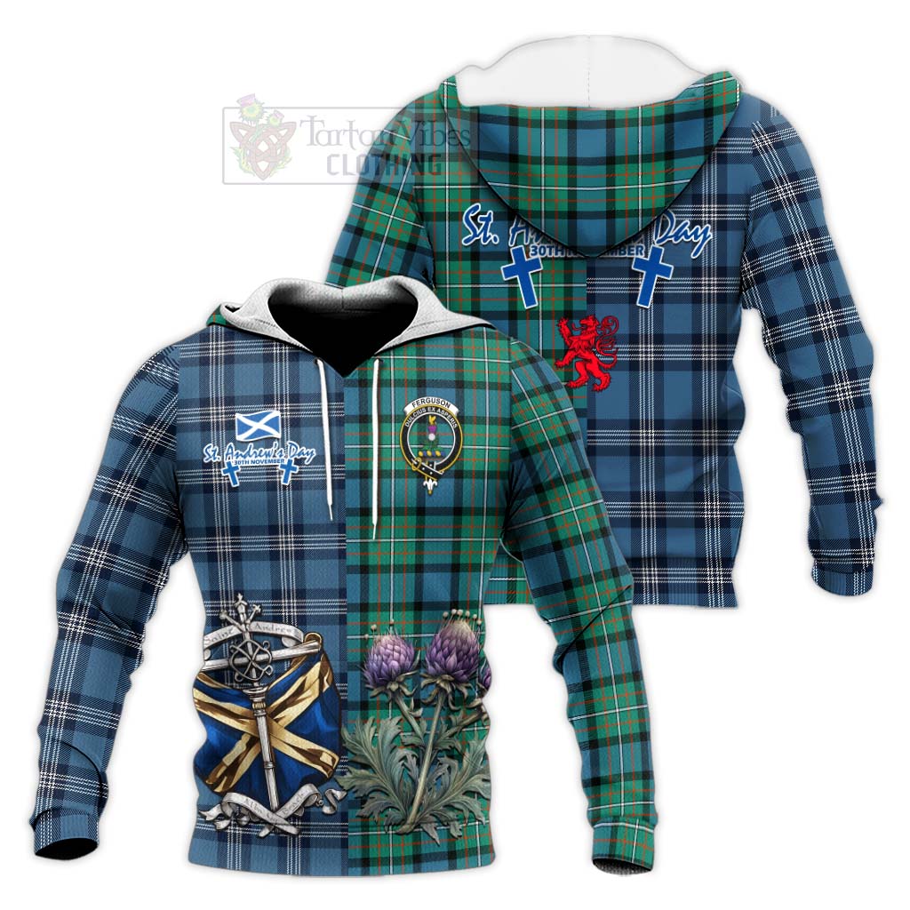 Tartan Vibes Clothing Ferguson (Fergusson) Tartan Knitted Hoodie Happy St. Andrew's Day Half Tartan Style